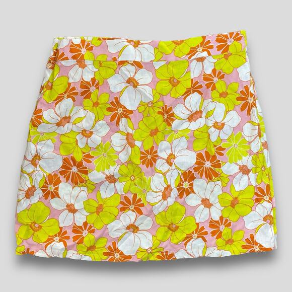 SANCTUARY RETRO HIPSTER Y2K 70S BRIGHT BOLD FLORAL LINEN MINI SKIRT LARGE - Picture 2 of 9